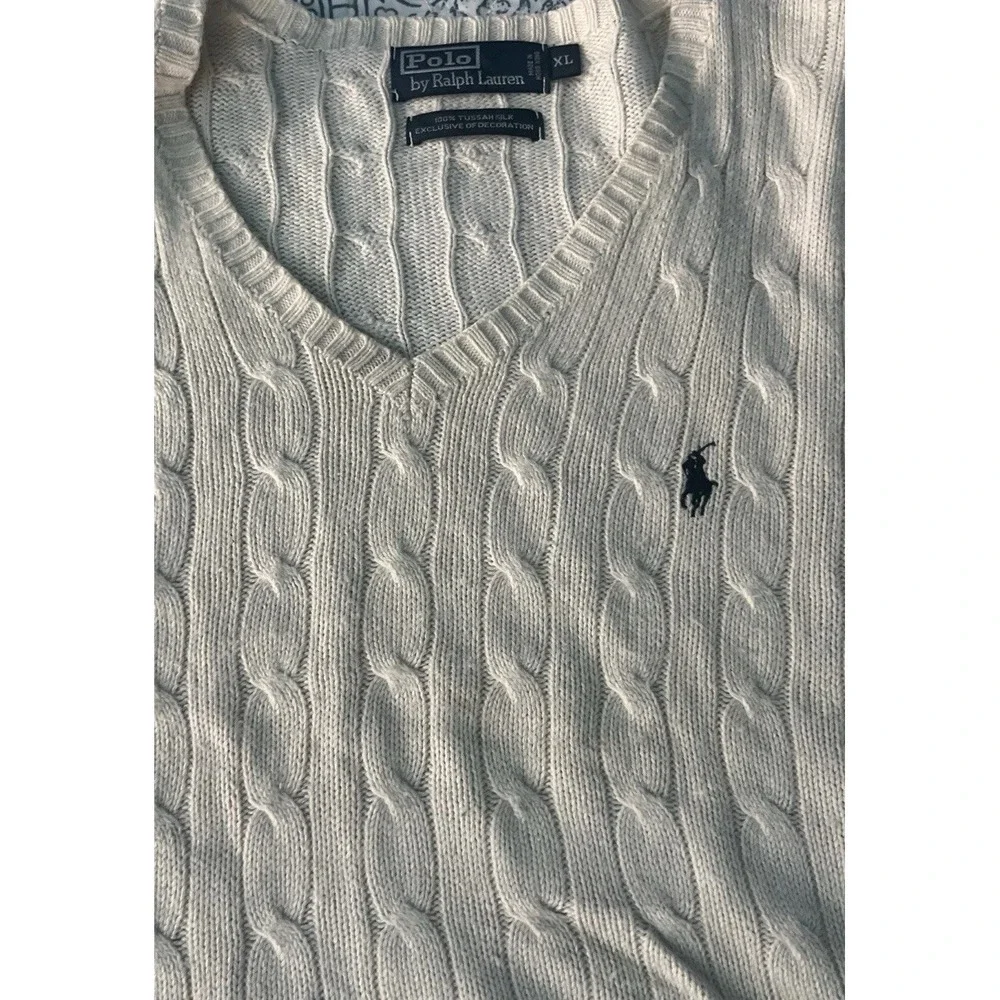 VTG Polo Ralph Lauren Sweater 100% Tussah Silk Men's XL Cable Knit‎ V-Neck